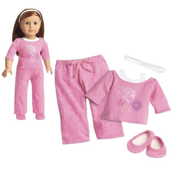American Girl Doll PINK PAJAMAS + SLIPPERS & HEADBAND Long Sleeve Over Tank NEW - Picture 4 of 12